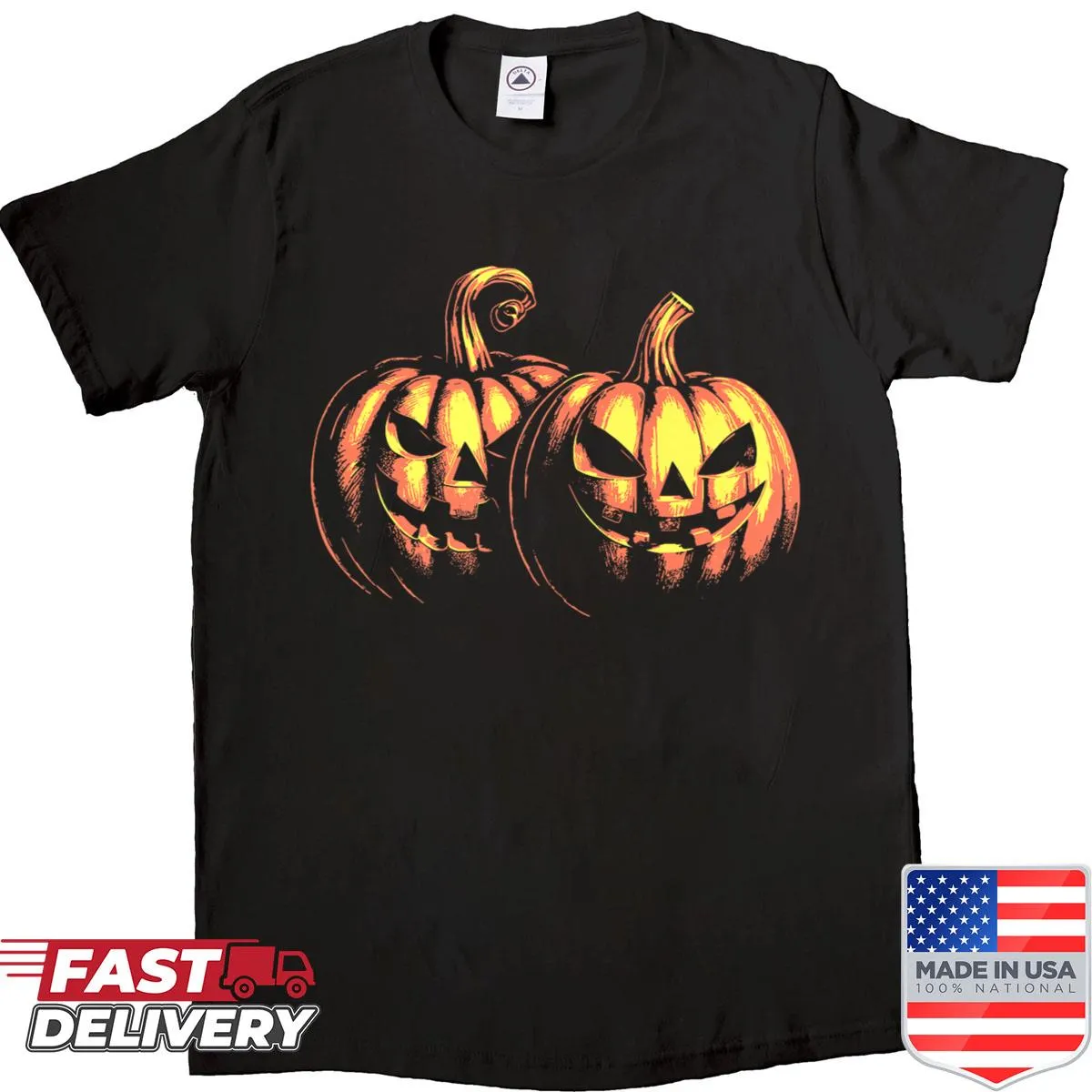 Halloween-themed shirt featuring cheerful pumpkin illustrations