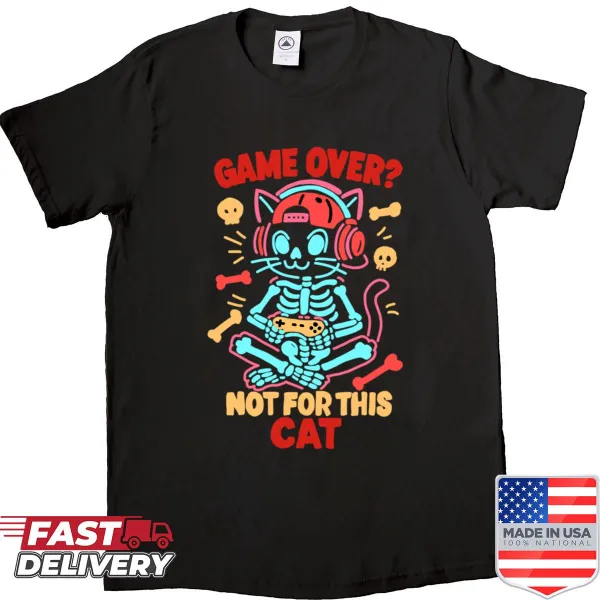 Funny Halloween T-shirt featuring a skeleton cat gamer