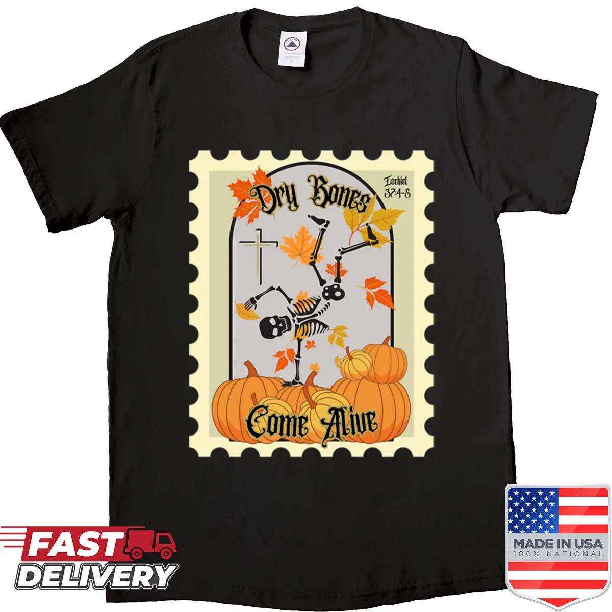 Halloween T-shirt with skeleton illustration inspired by Ezekiel 37 4-5