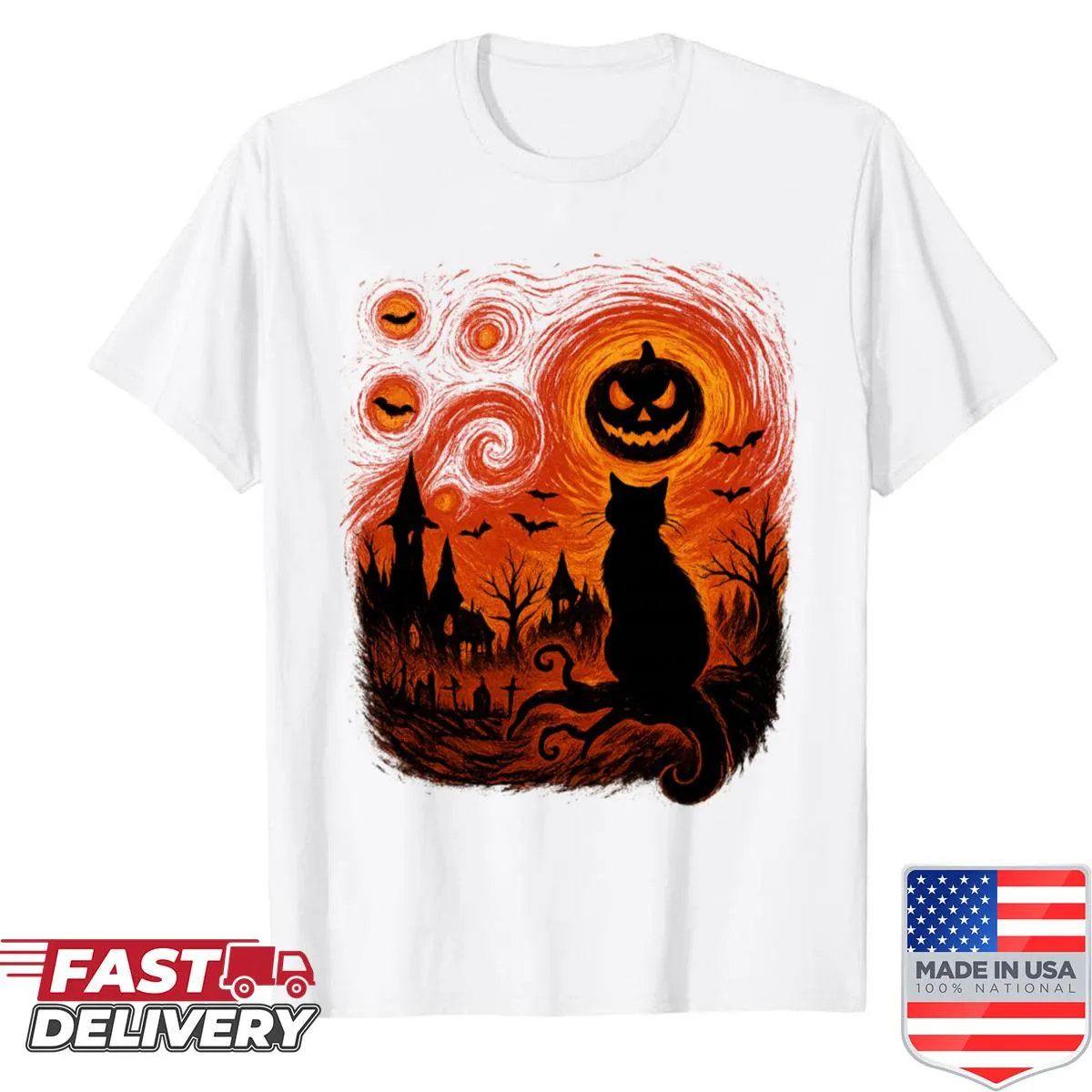Artistic Halloween shirt with a spooky cat and pumpkin design