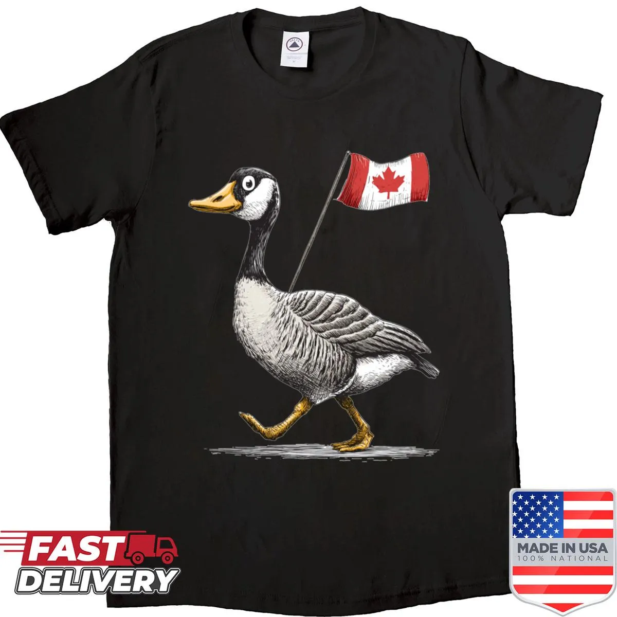 Illustration of a goose in a Canada flag costume on a shirt