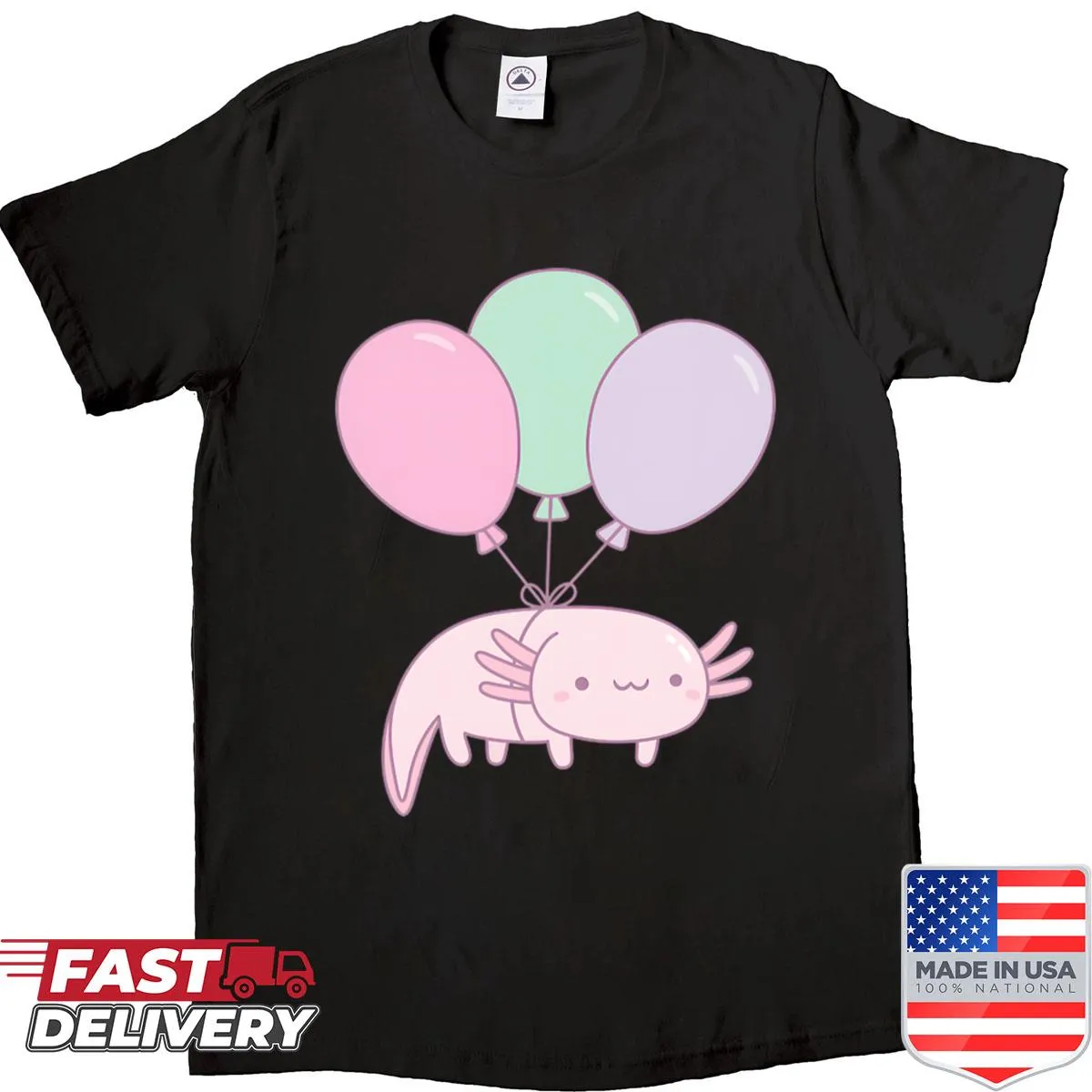 Cute axolotl floating with balloons graphic on a T-shirt