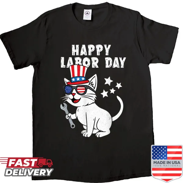 Vintage-style shirt with USA flag and cat graphic for Labor Day