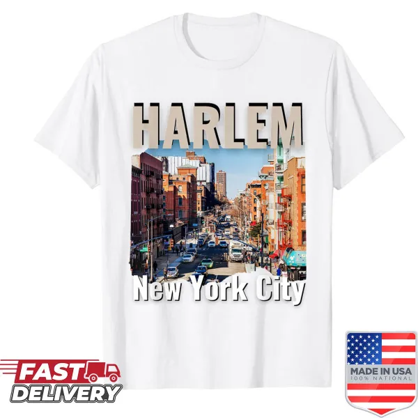 Urban-themed shirt featuring a street image of Harlem