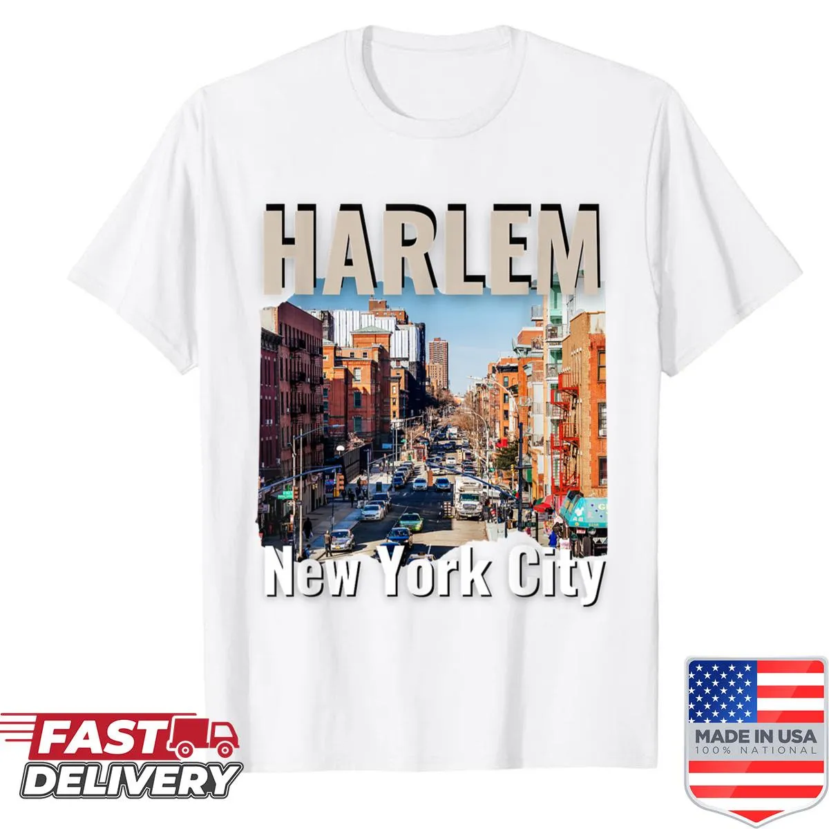 Urban-themed shirt featuring a street image of Harlem