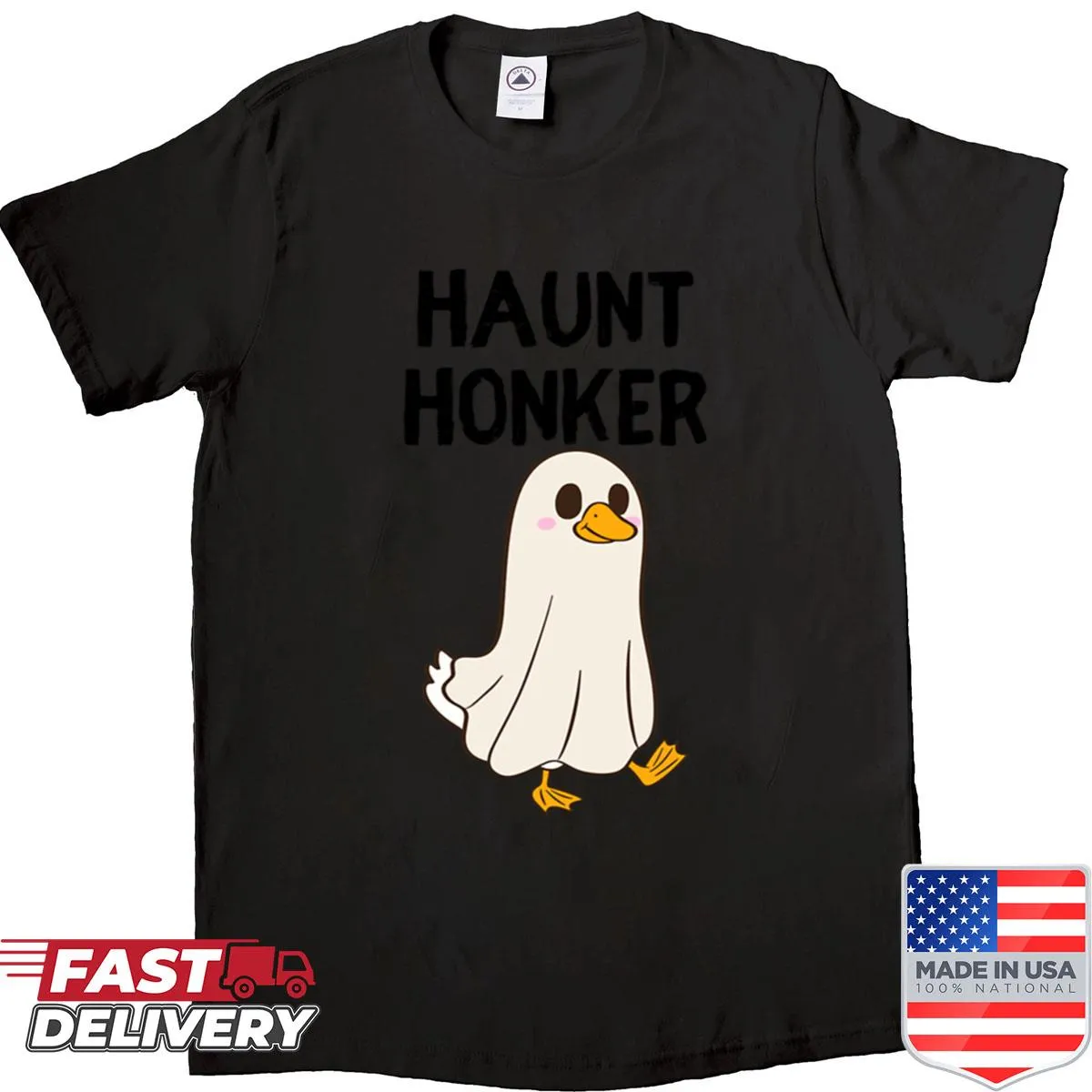 Funny T-shirt featuring a cartoon duck ghost design
