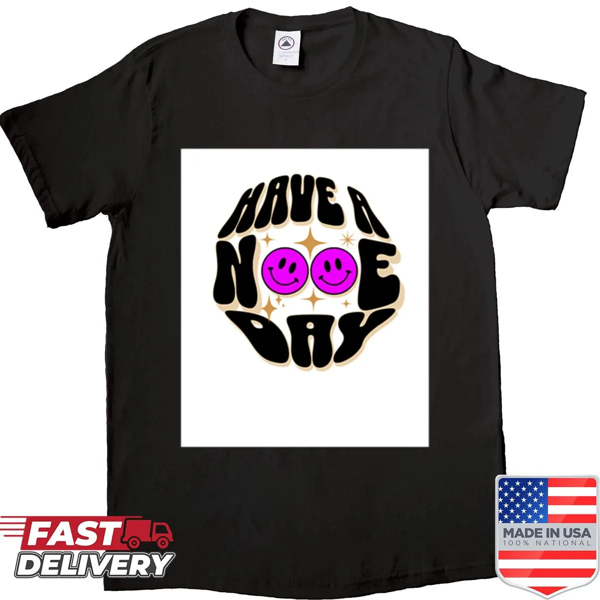 Cheerful smiley face graphic with positive message for casual wear