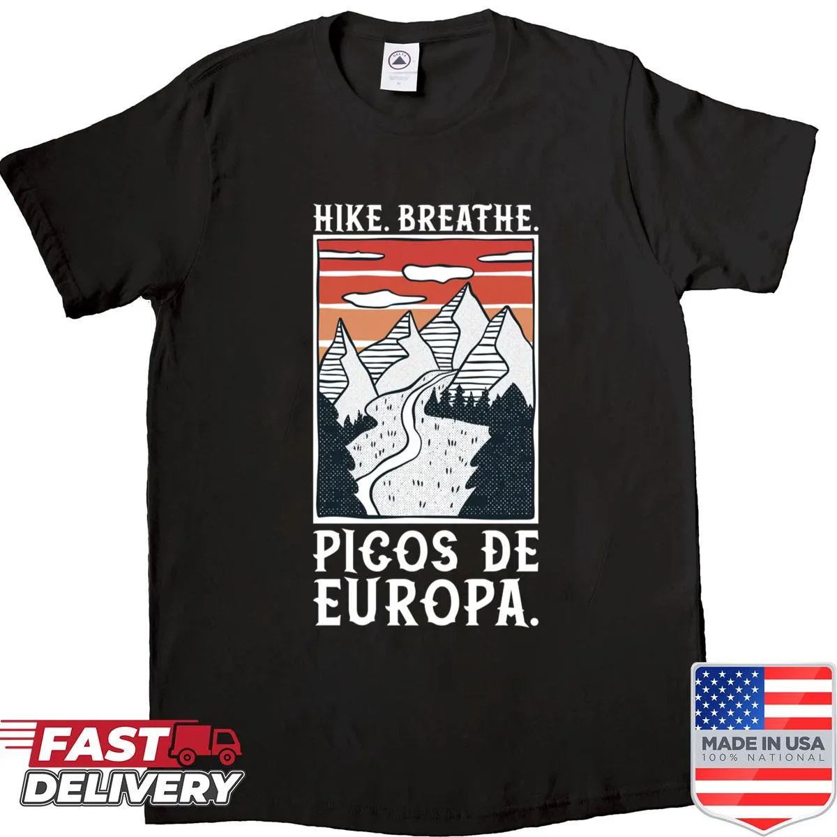 Shirt depicting the Picos De Europa mountains in a scenic design