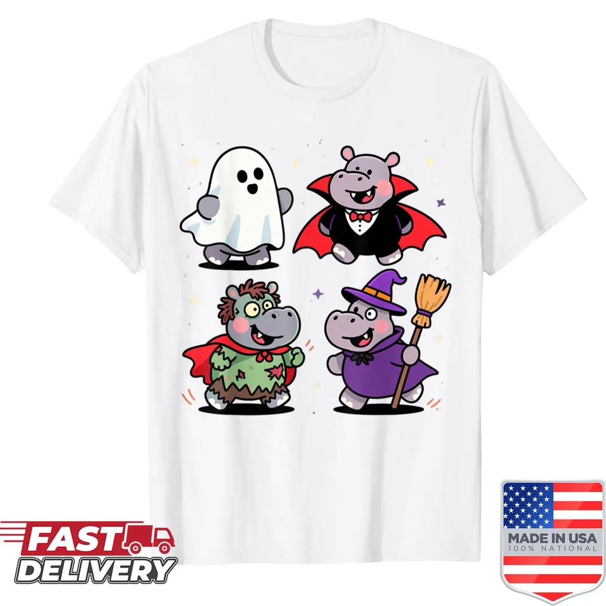 Playful Halloween shirt with a hippo, ghost, witch, and zombie