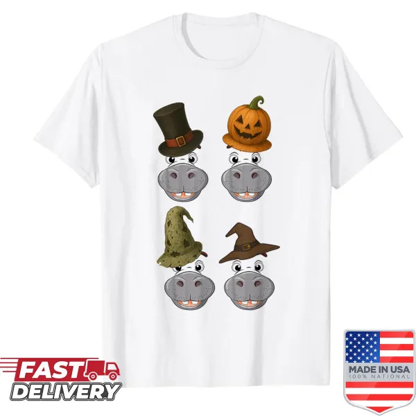 Fun Halloween shirt with a hippo ghost, pumpkins, and zombies