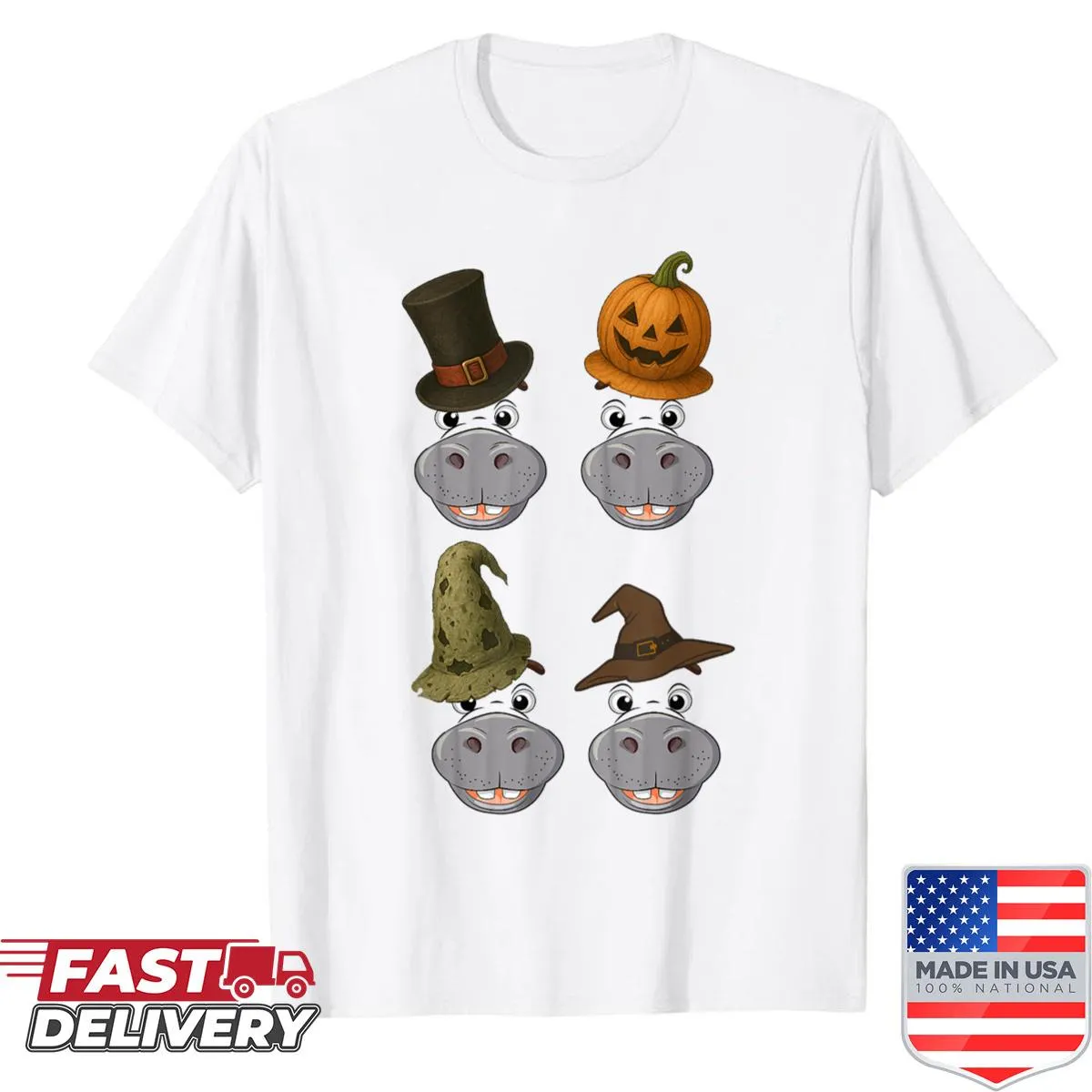 Fun Halloween shirt with a hippo ghost, pumpkins, and zombies