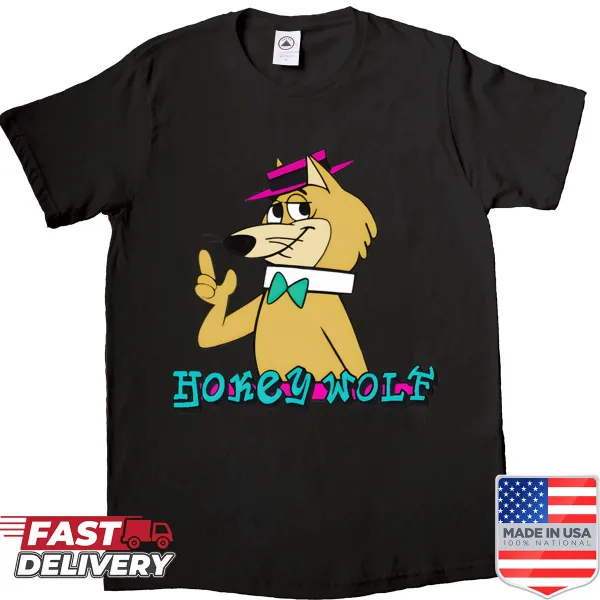 Cartoon-style T-shirt featuring Hokey Wolf in a retro design