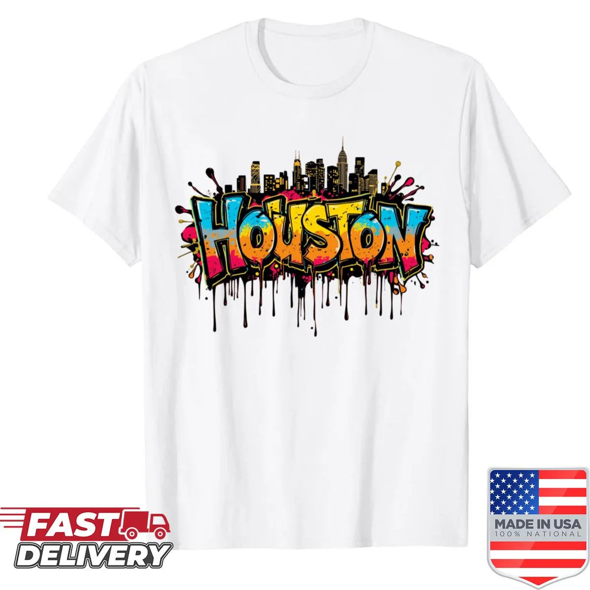 Shirt featuring Houston skyline in graffiti art style