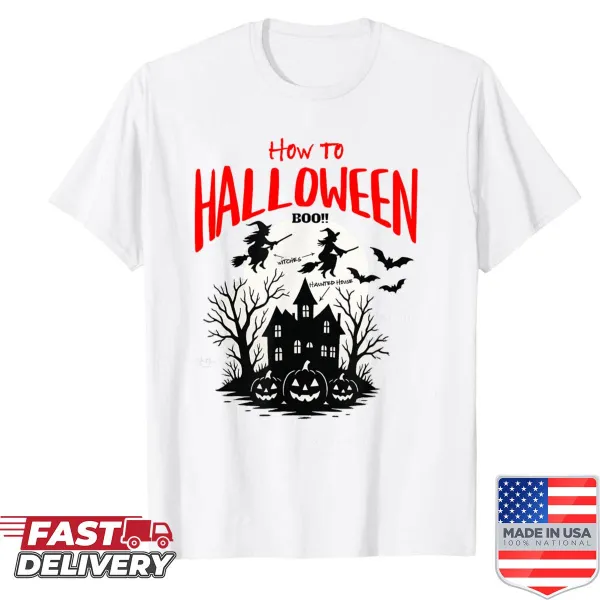 Whimsical Halloween guide printed on a T-shirt