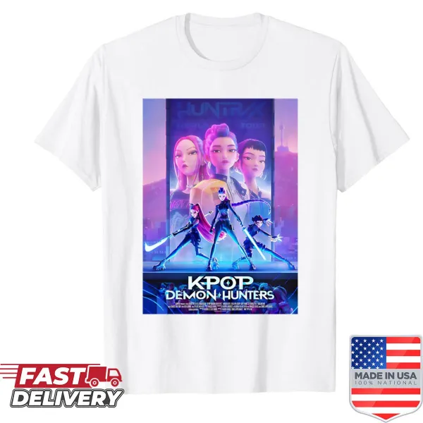 Kpop-themed shirt featuring Huntrix movie poster design