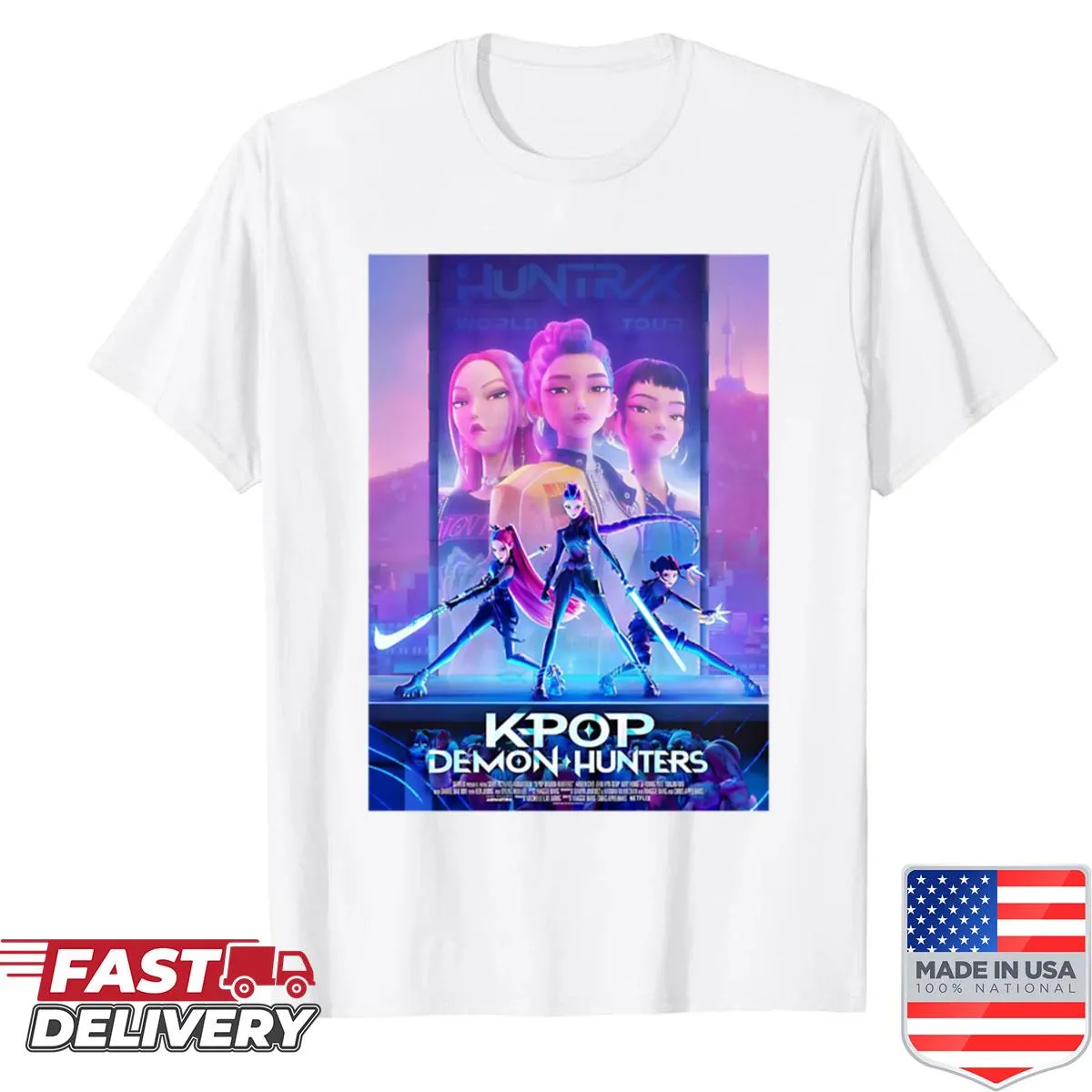 Kpop-themed shirt featuring Huntrix movie poster design