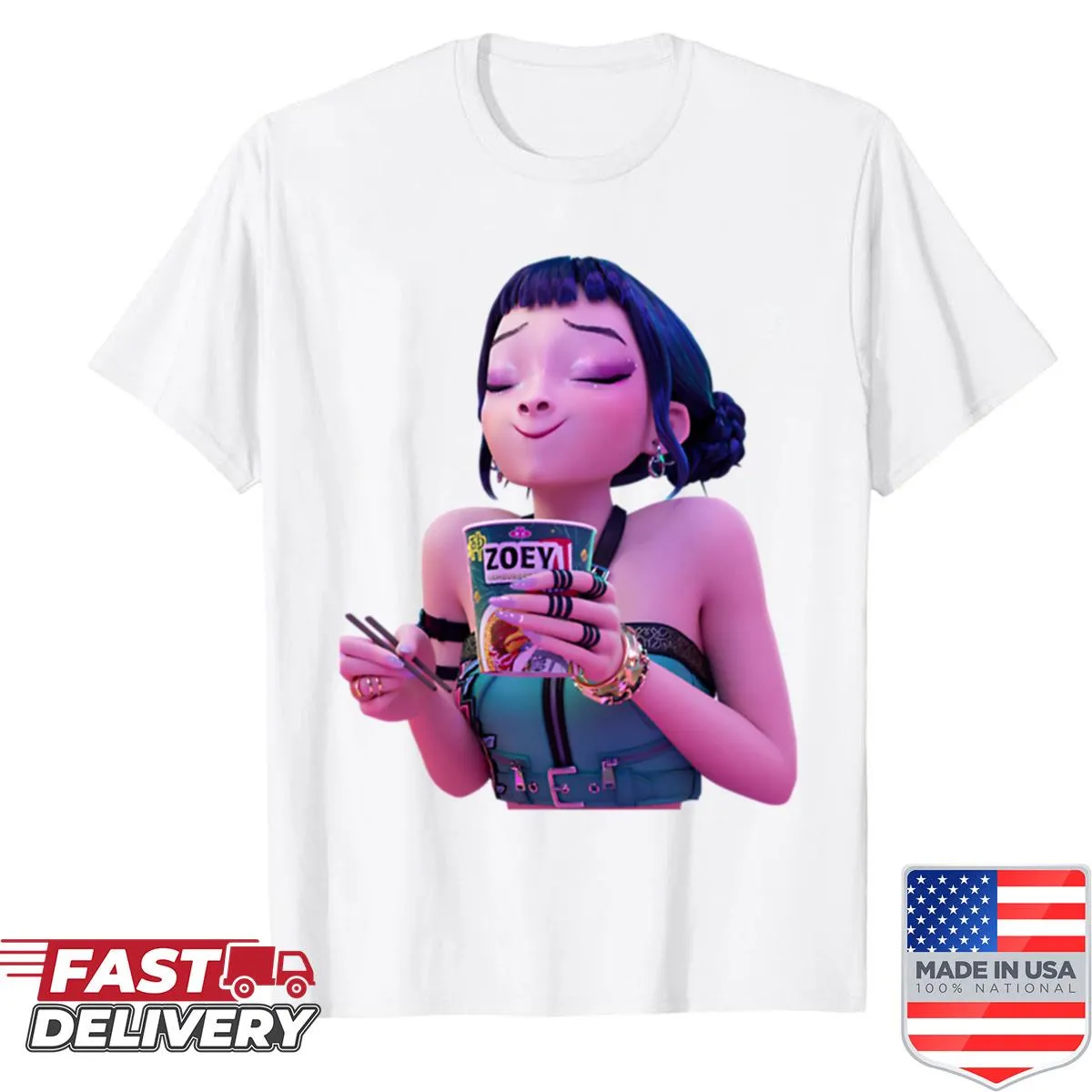 Kpop-themed shirt featuring characters from Huntrix and ramen illustration