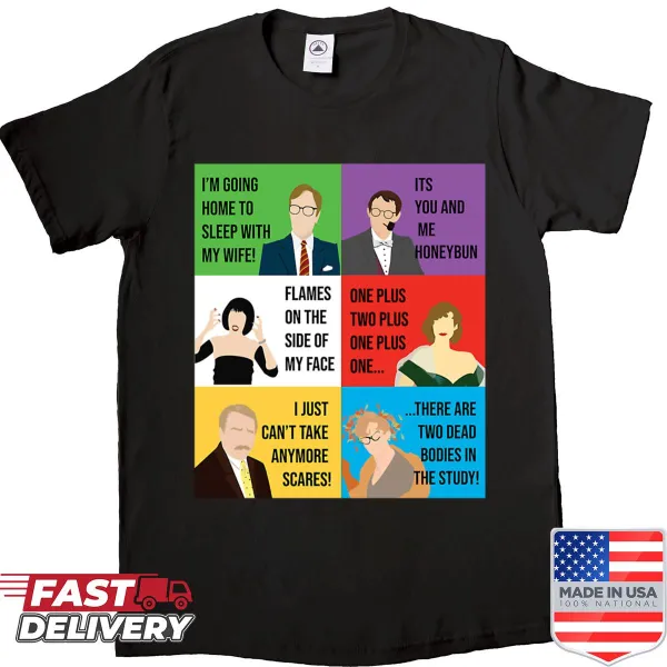 Illustrated shirt featuring characters from the Clue movie.