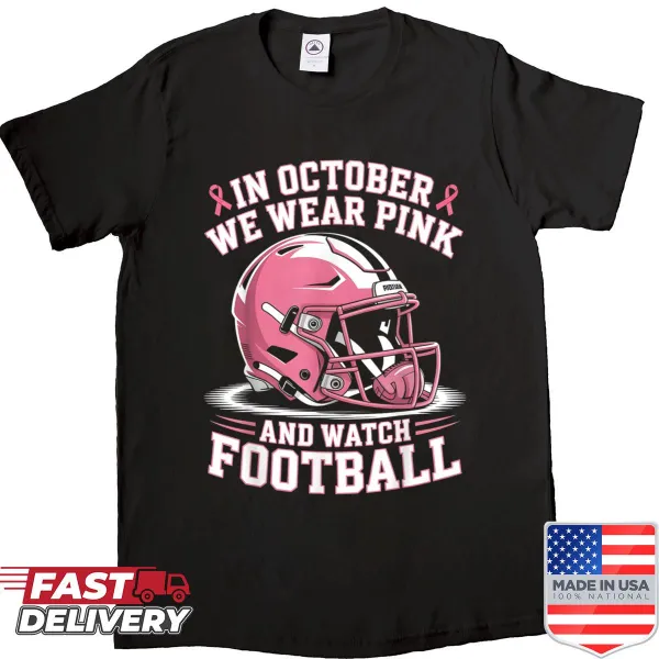 Football helmet shirt with pink awareness slogan for October