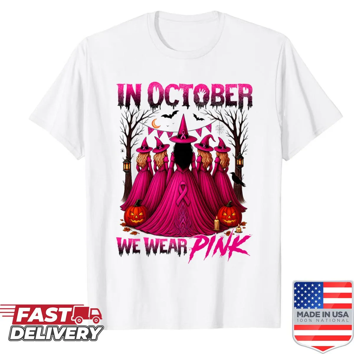 October awareness shirt featuring a witch and pink ribbon design