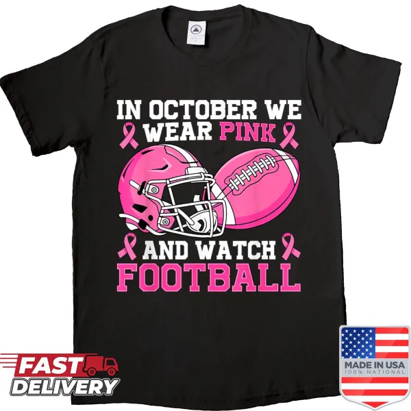 Football-themed breast cancer awareness shirt in pink