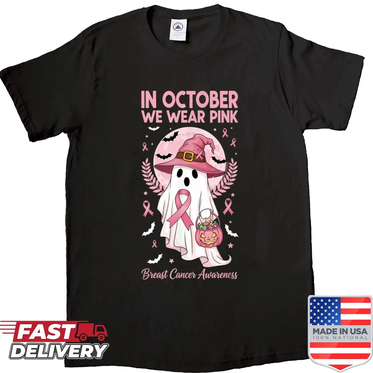 Women's shirt with a pink ghost and breast cancer awareness message