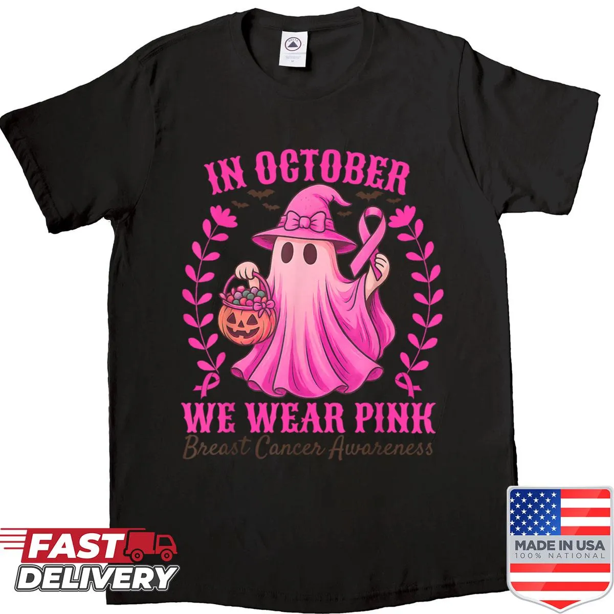 Halloween shirt with ghosts and witches promoting breast cancer awareness