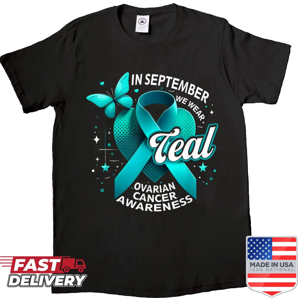Teal butterfly design promoting ovarian cancer awareness on a shirt