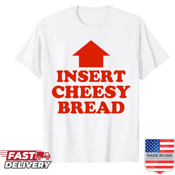 Cartoon design of a pointing arrow leading to a mouth, centered on cheesy bread