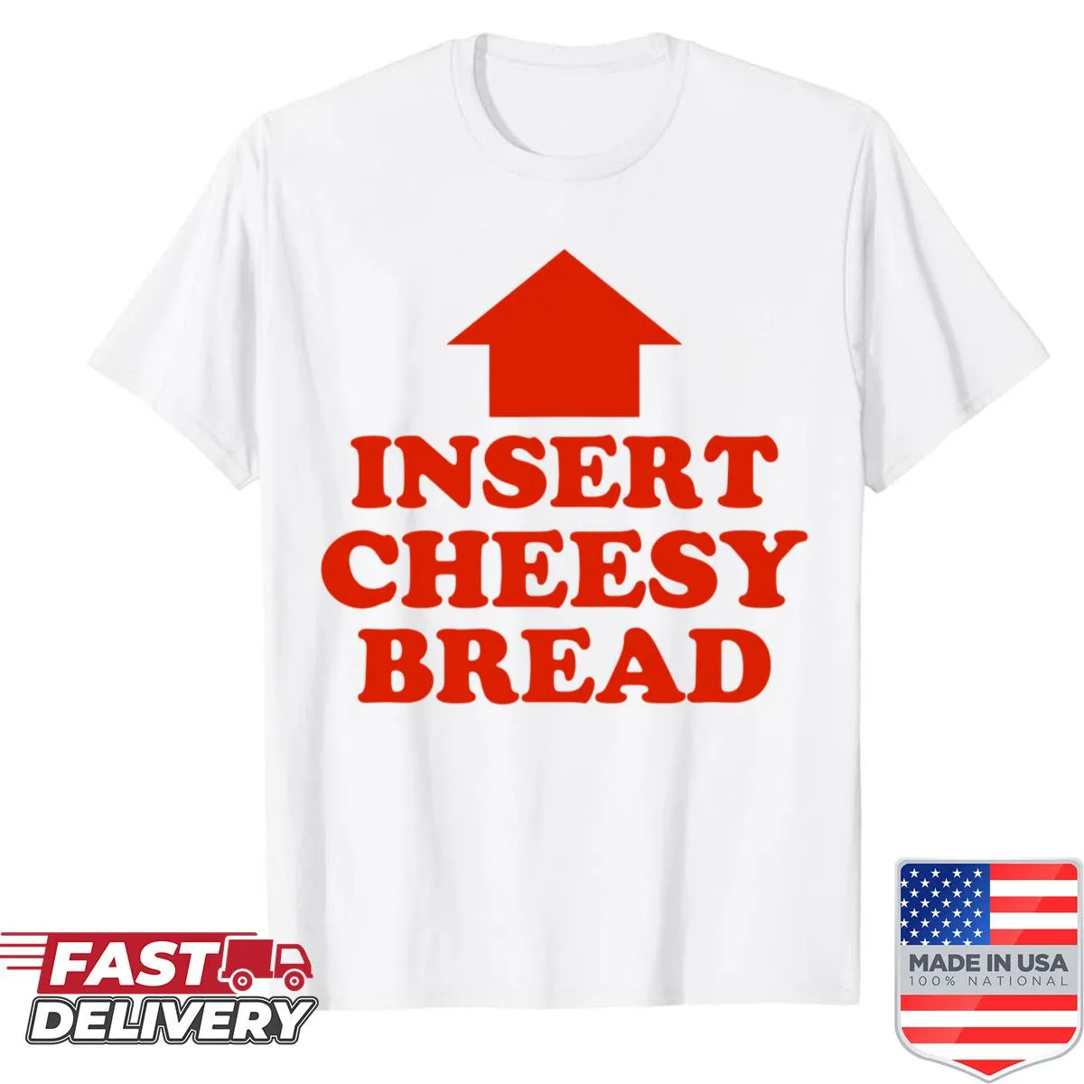 Cartoon design of a pointing arrow leading to a mouth, centered on cheesy bread