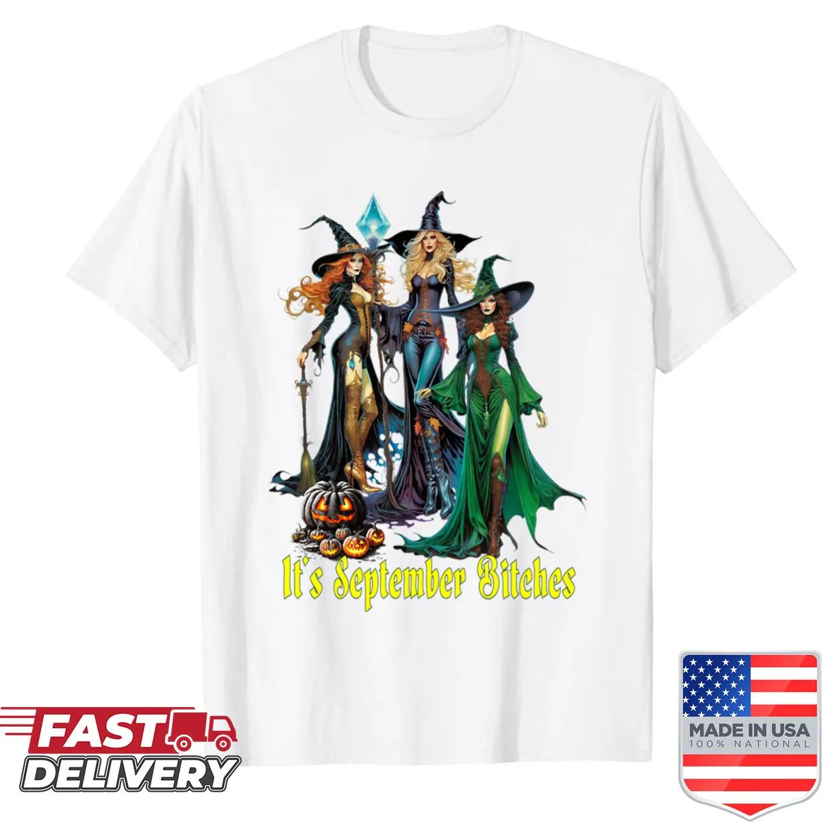 Shirt featuring whimsical witches and 'It's September Bitches' text