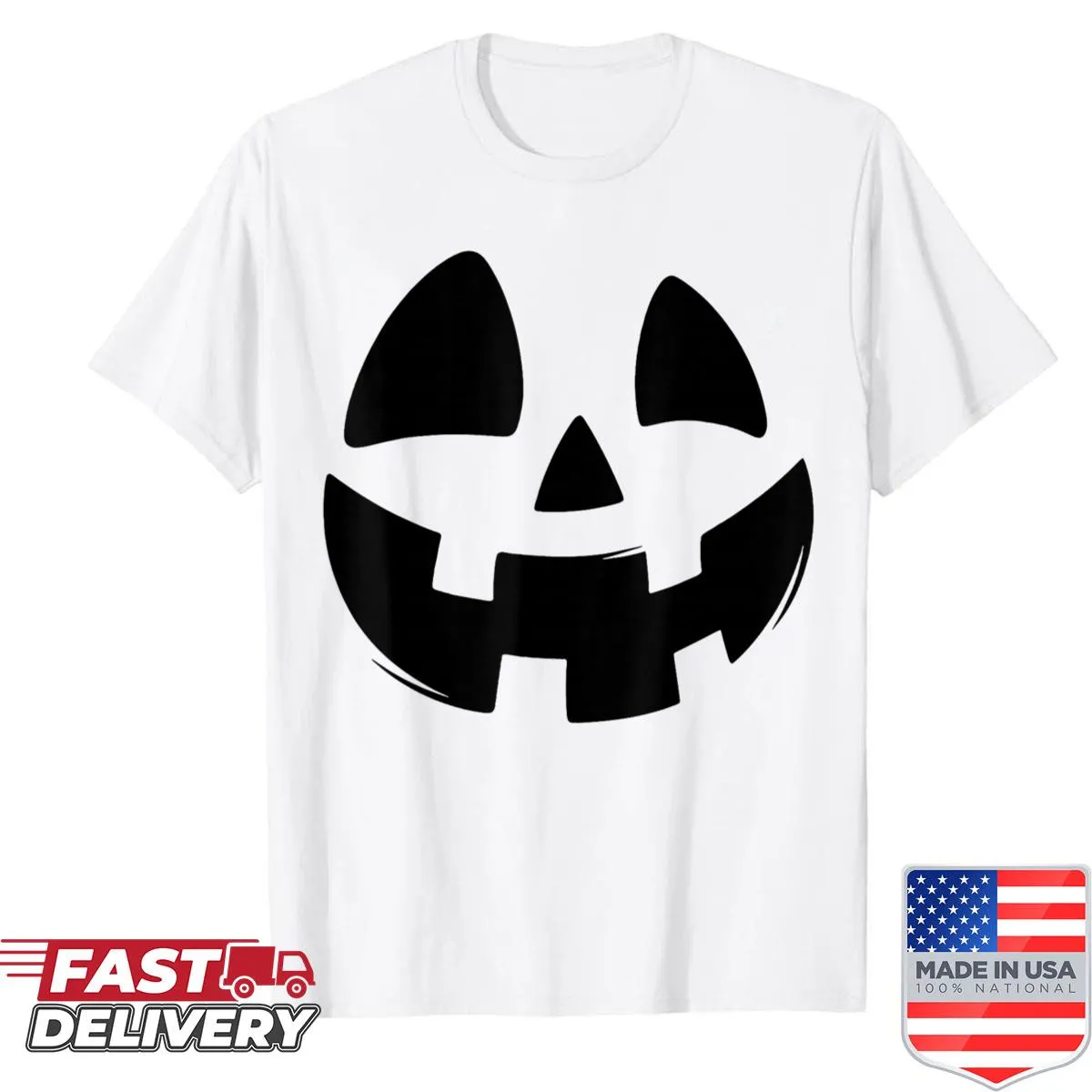 Cartoon Jack O' Lantern t-shirt featuring a playful pumpkin face for Halloween.