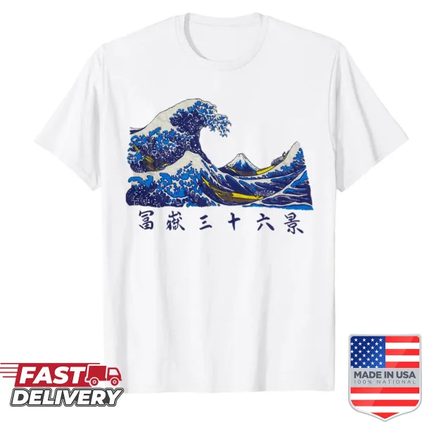 T-shirt featuring a detailed Japanese wave landscape print.