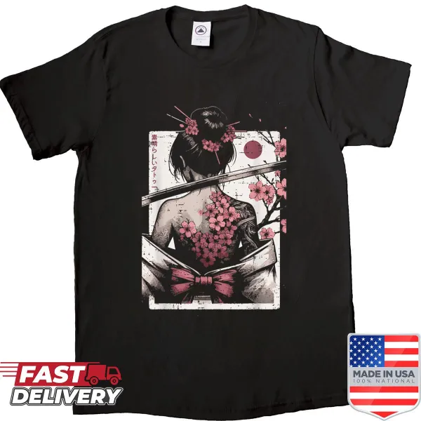Illustration of a geisha with cherry blossoms on a shirt