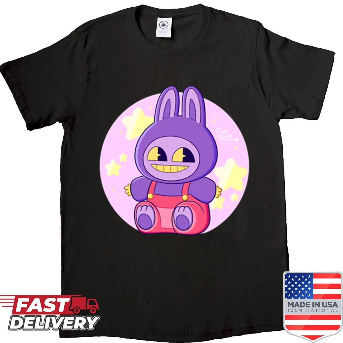 Whimsical graphic shirt featuring a playful character