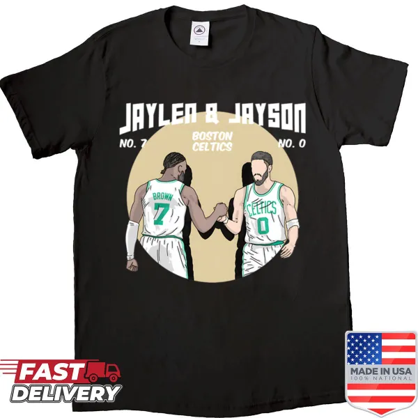 Illustration of Jaylen Tatum and Brown celebrating basketball on a t-shirt