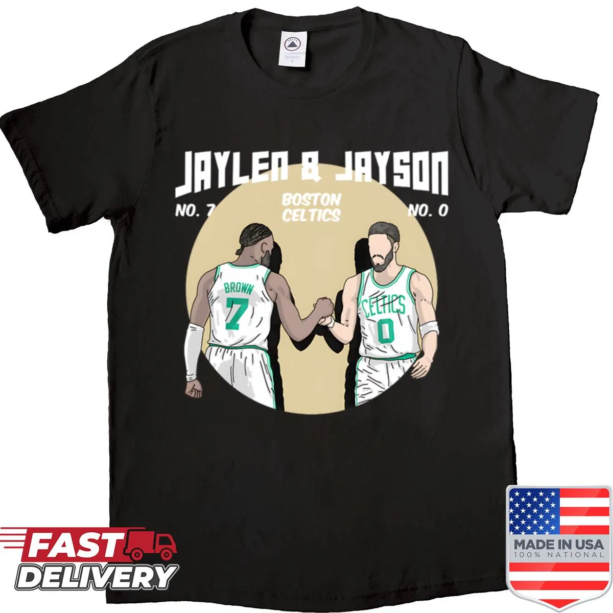 Illustration of Jaylen Tatum and Brown celebrating basketball on a t-shirt