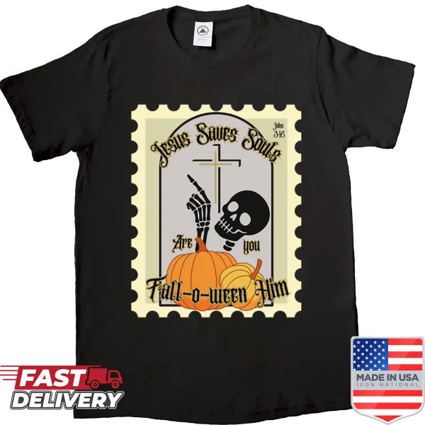 Halloween shirt with Jesus saves message and spooky illustrations