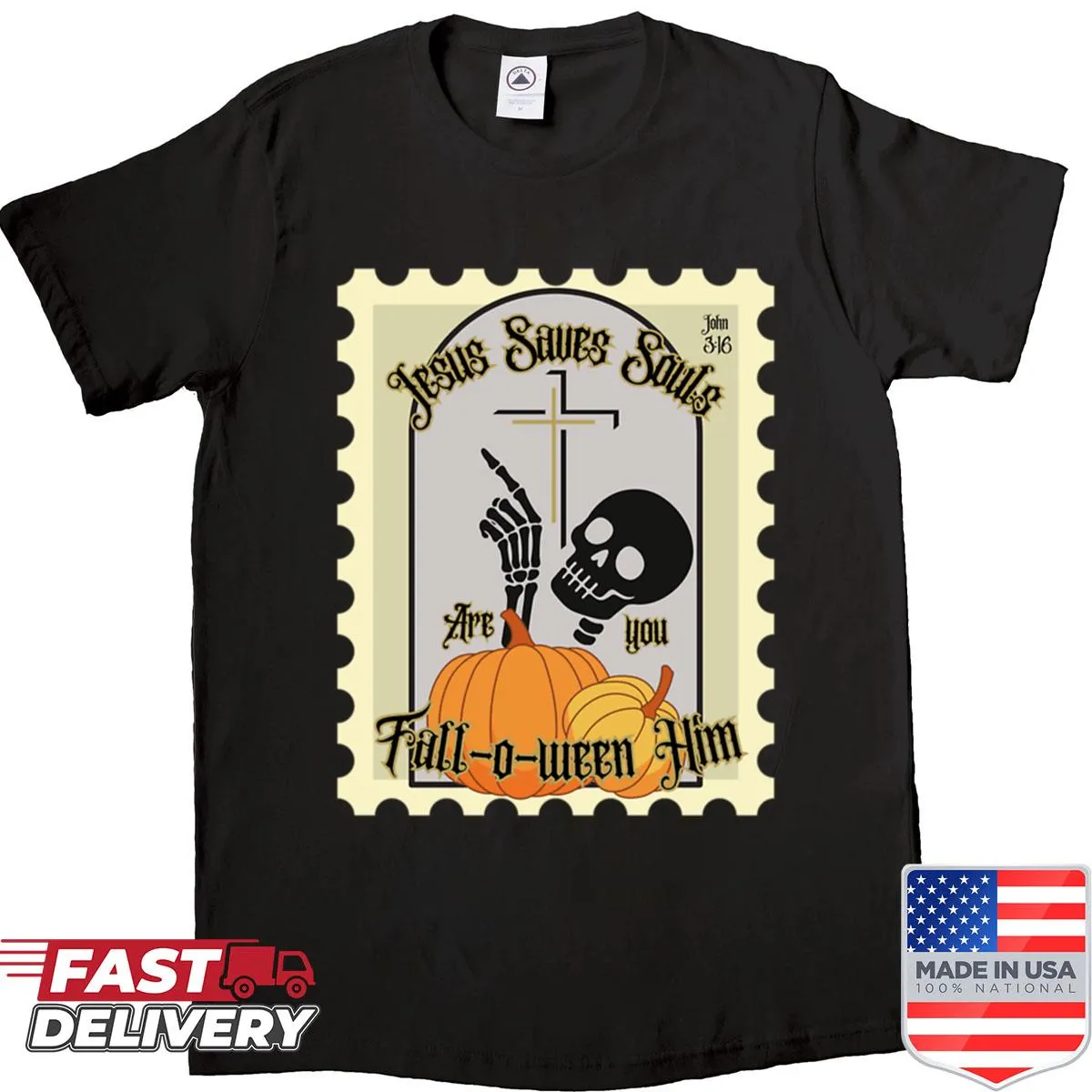 Halloween shirt with Jesus saves message and spooky illustrations
