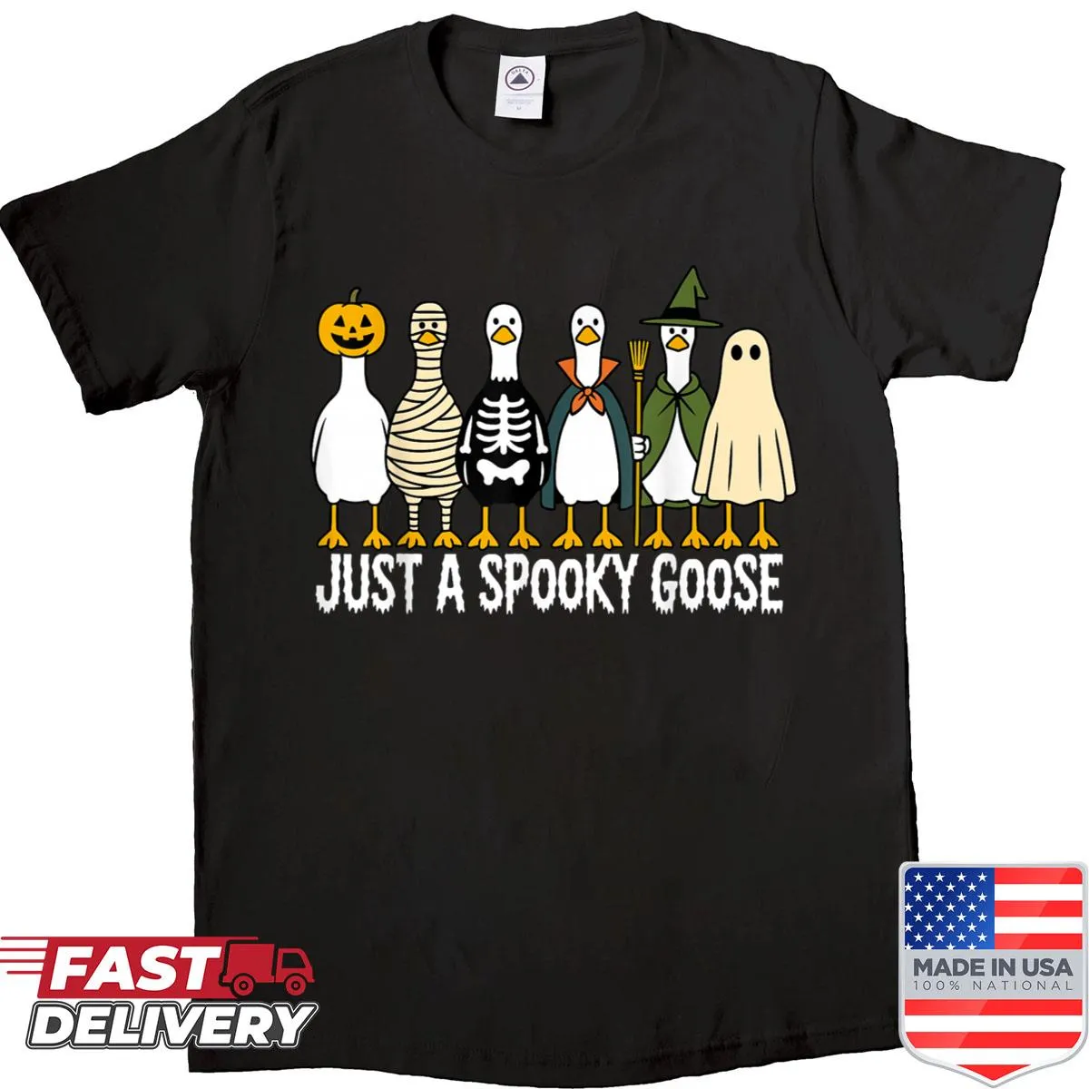 Cartoon goose in Halloween costume for kids' spooky fun