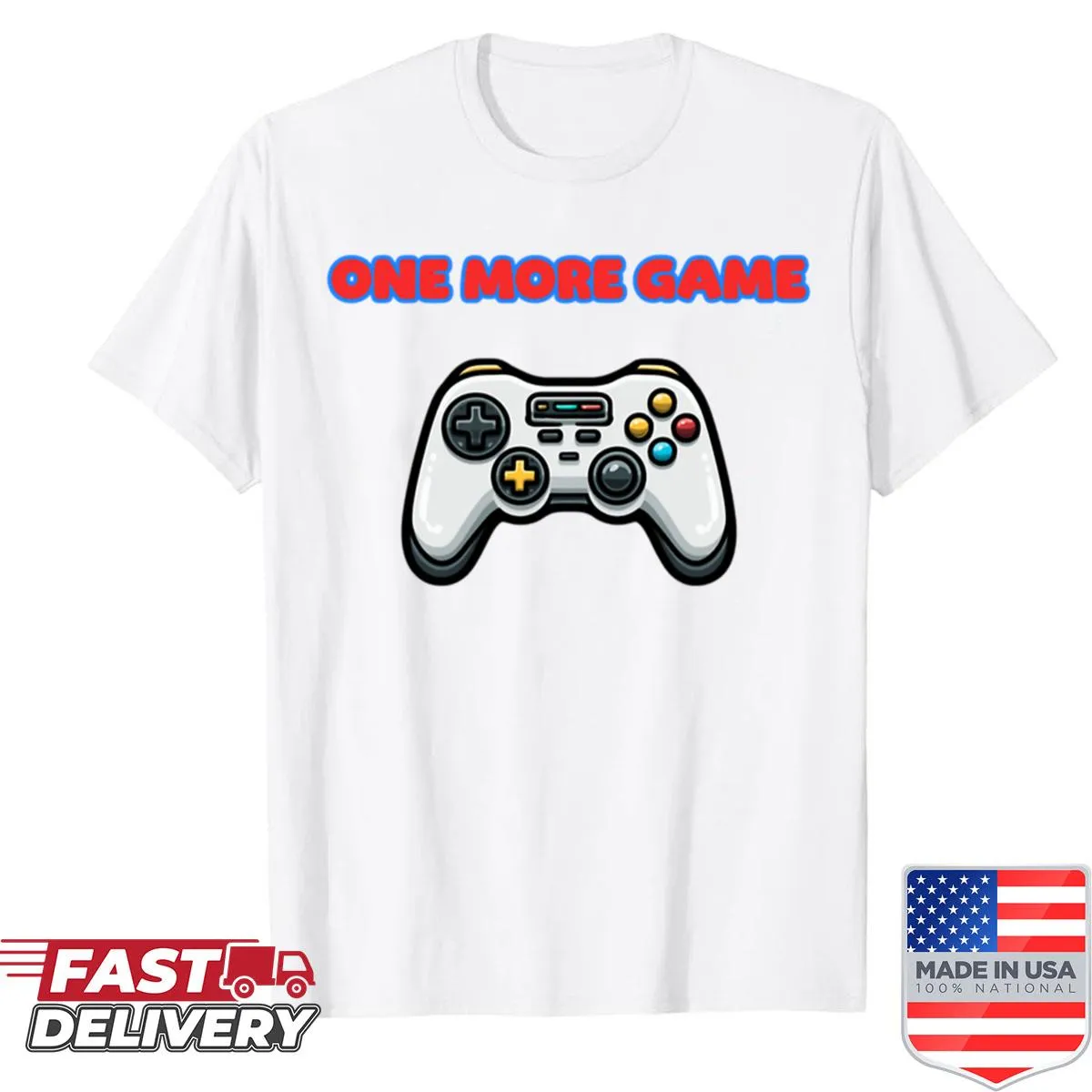 Bold typography saying 'Just One More Game' in a gaming theme