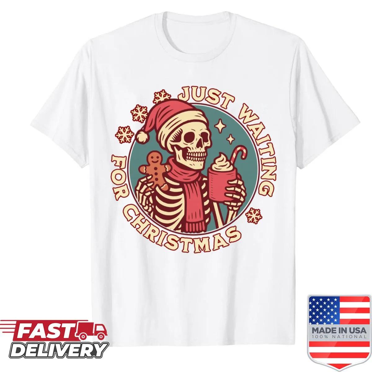 Cartoon skeleton drinking hot cocoa with Christmas theme