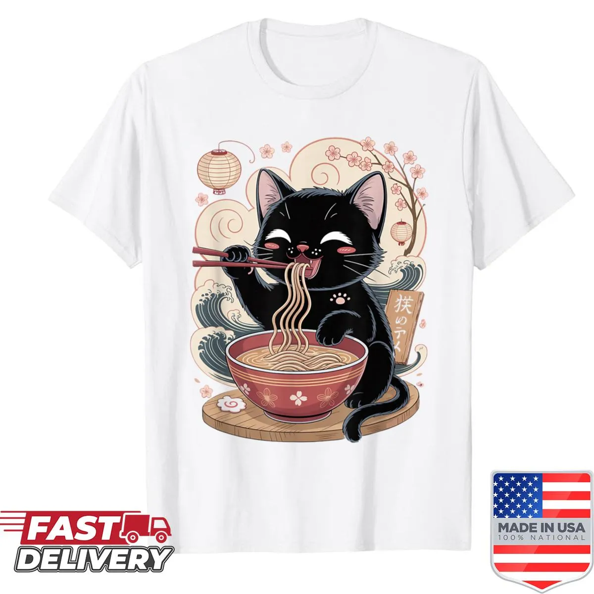 Kawaii cat eating ramen noodles in a cute anime style