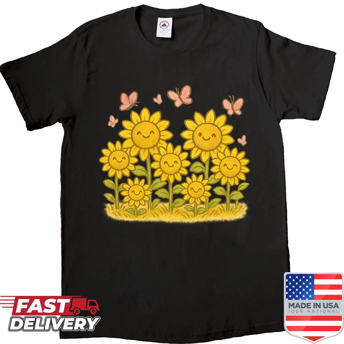 Kawaii chibi sunflower field t-shirt with pink butterflies