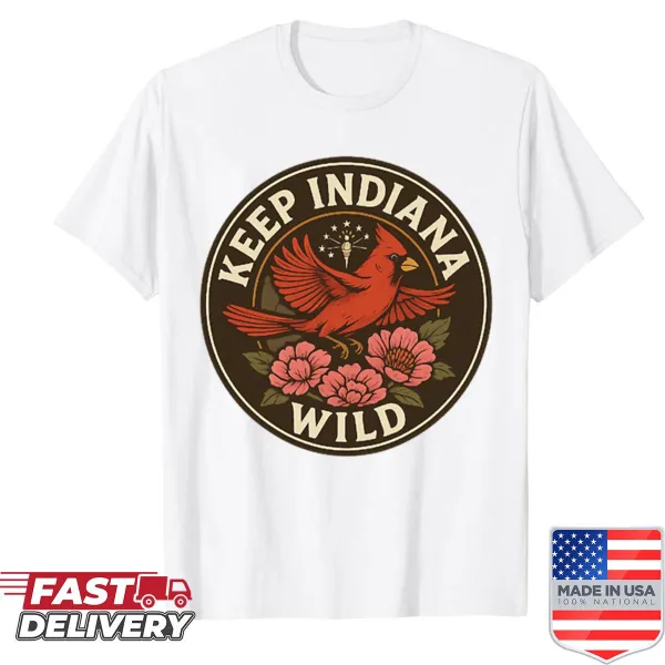 T-shirt featuring a cardinal and peonies, celebrating Indiana's nature