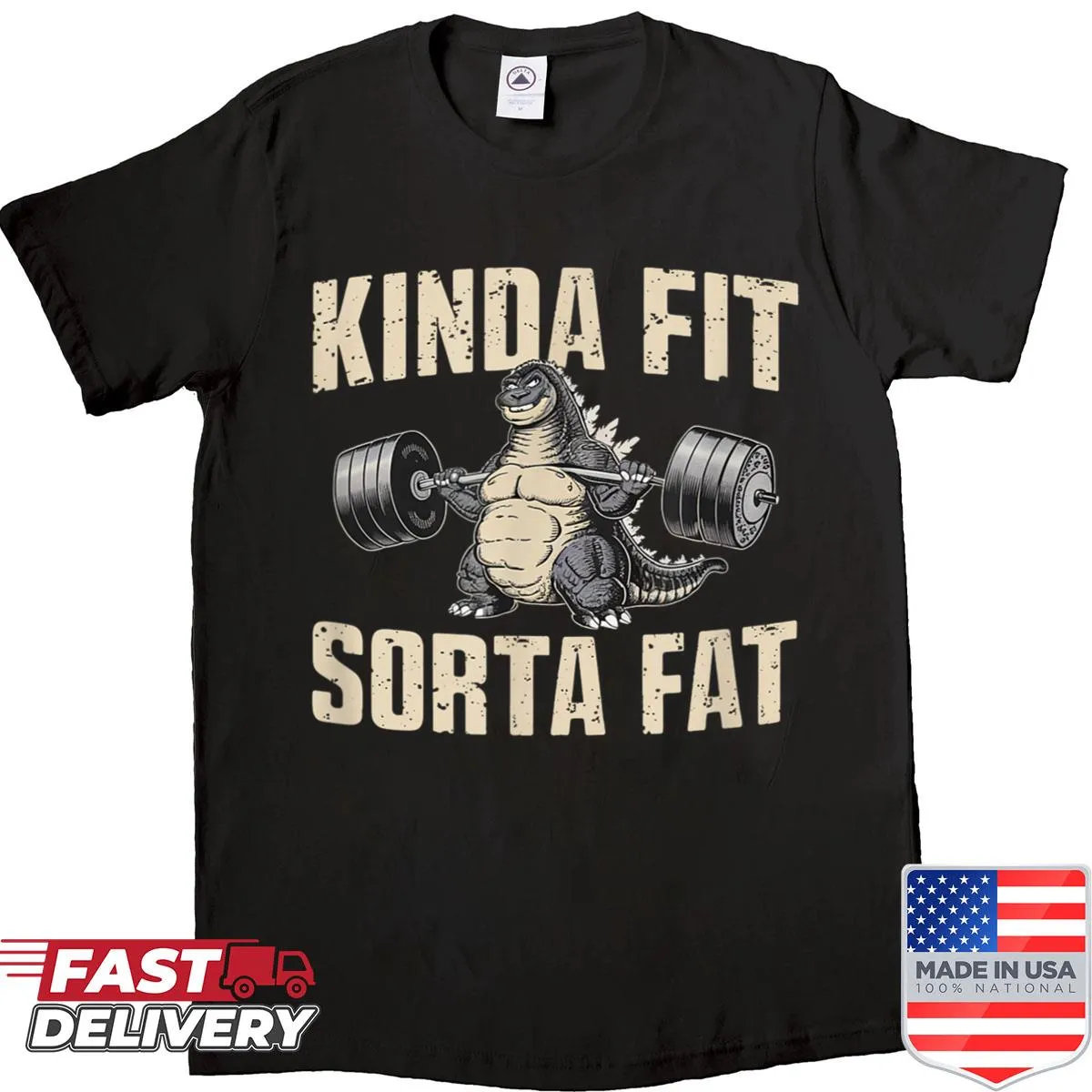 Cute kaiju monster with humorous fitness saying on a shirt