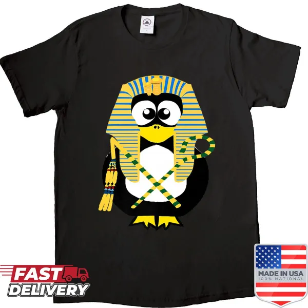 Penguin dressed as King Tut with Sphinx graphic on shirt