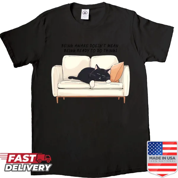 Illustration of a lazy cat with a relaxed expression on a t-shirt
