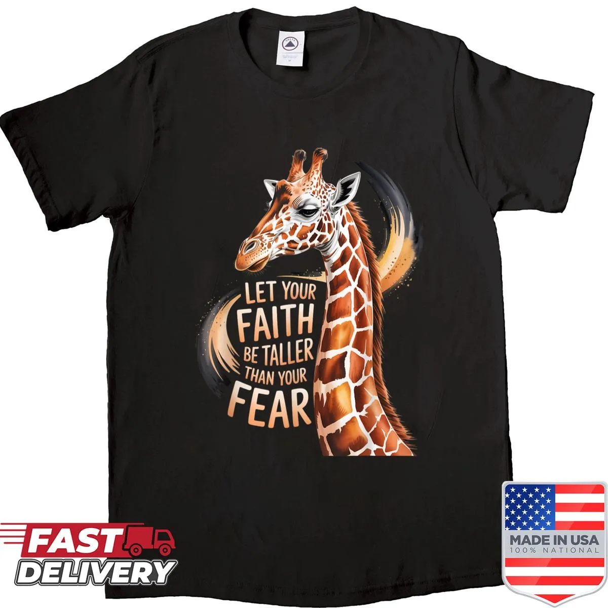 Inspirational Christian shirt with giraffe graphic and motivational text