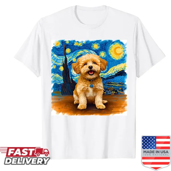 Whimsical crayon art of a Maltipoo on a starry night shirt